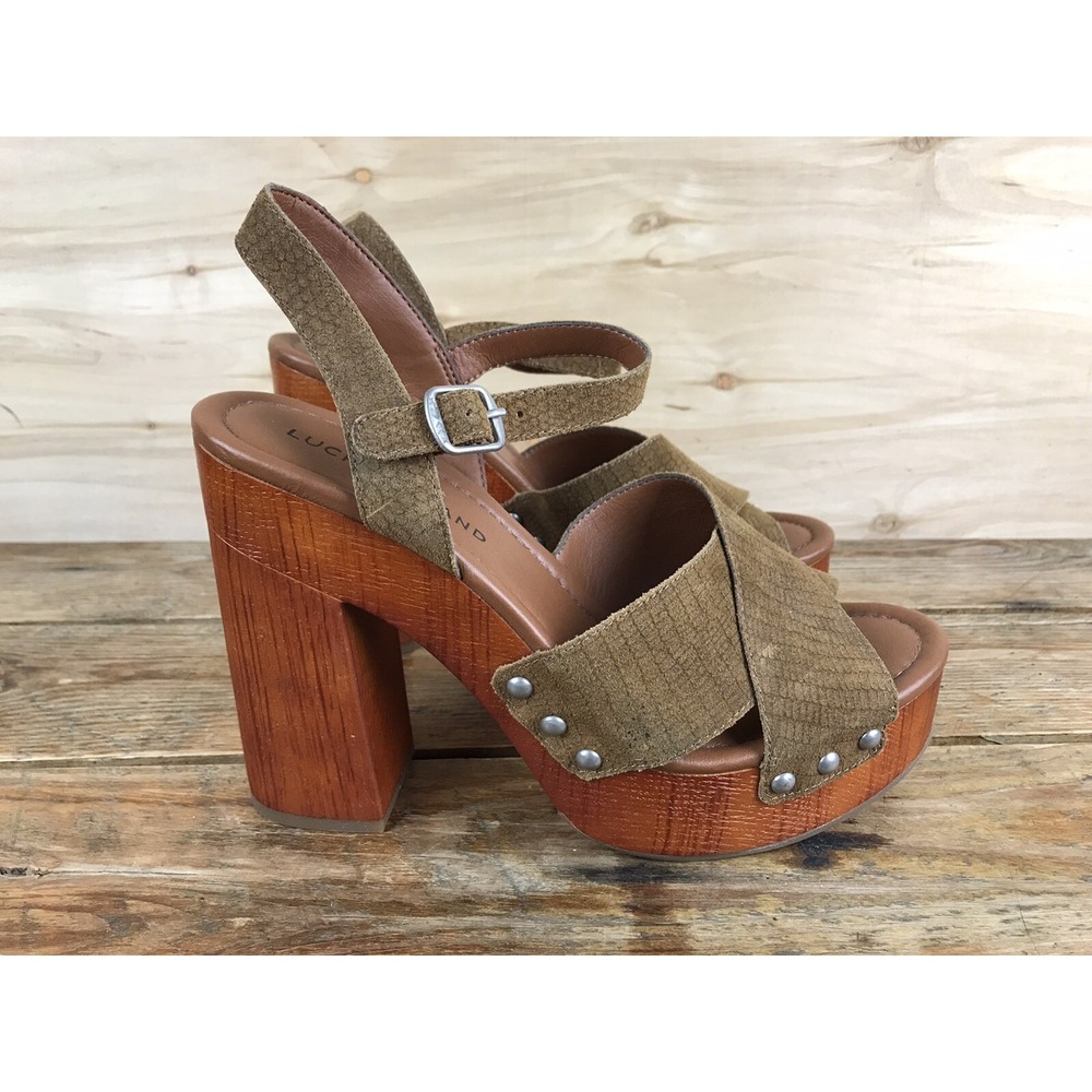 LUCKY BRAND 70s Look Studded Block Heel Sandal Suede Ankle Strap US 10 M EUR 40